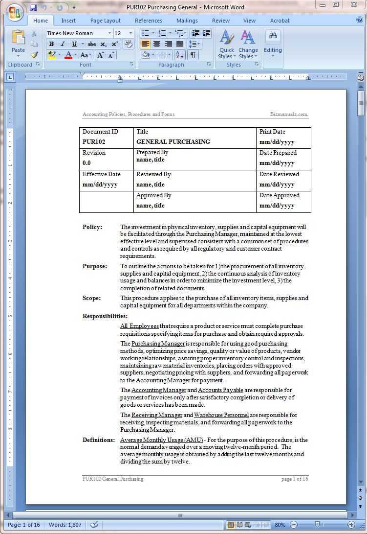 Procurement Policy And Procurement Procedure Template For Procedure Manual Template Word Free