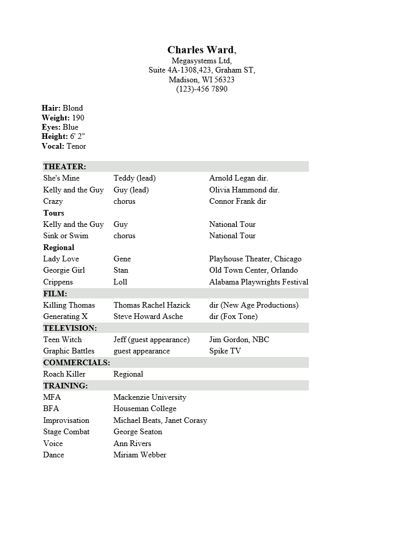 Professional Acting Resume : Resume Templates In Theatrical Resume Template Word
