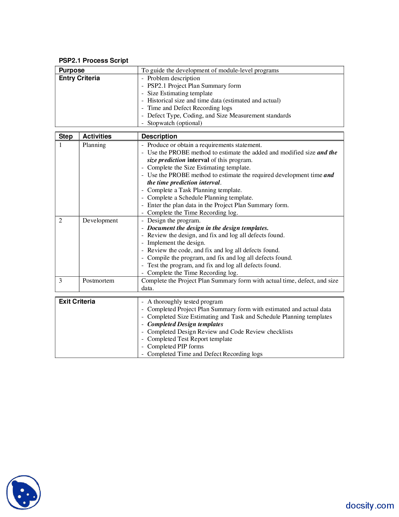 Psp2.1 Process Script, Codes And Instructions Software For Test Exit Report Template