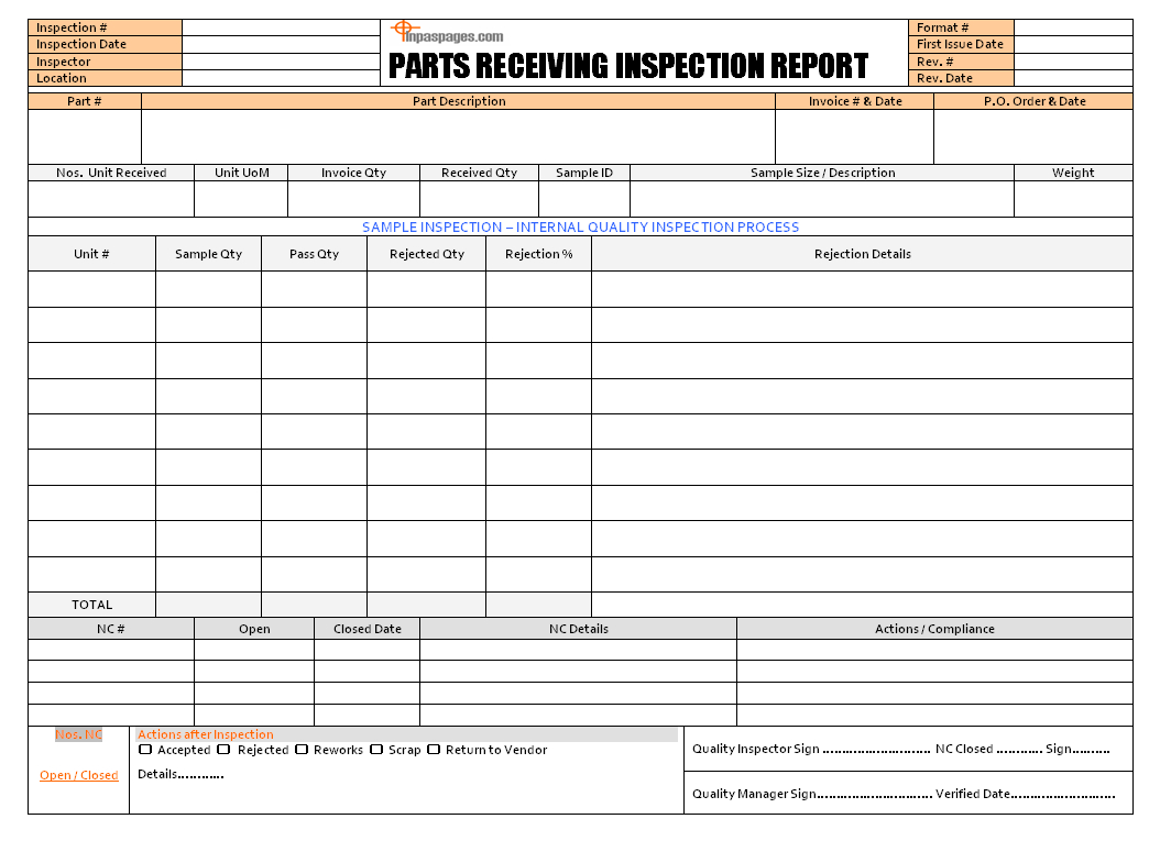 Receiving Inspection Procedure - Iso 9001 Inside Part Inspection Report Template