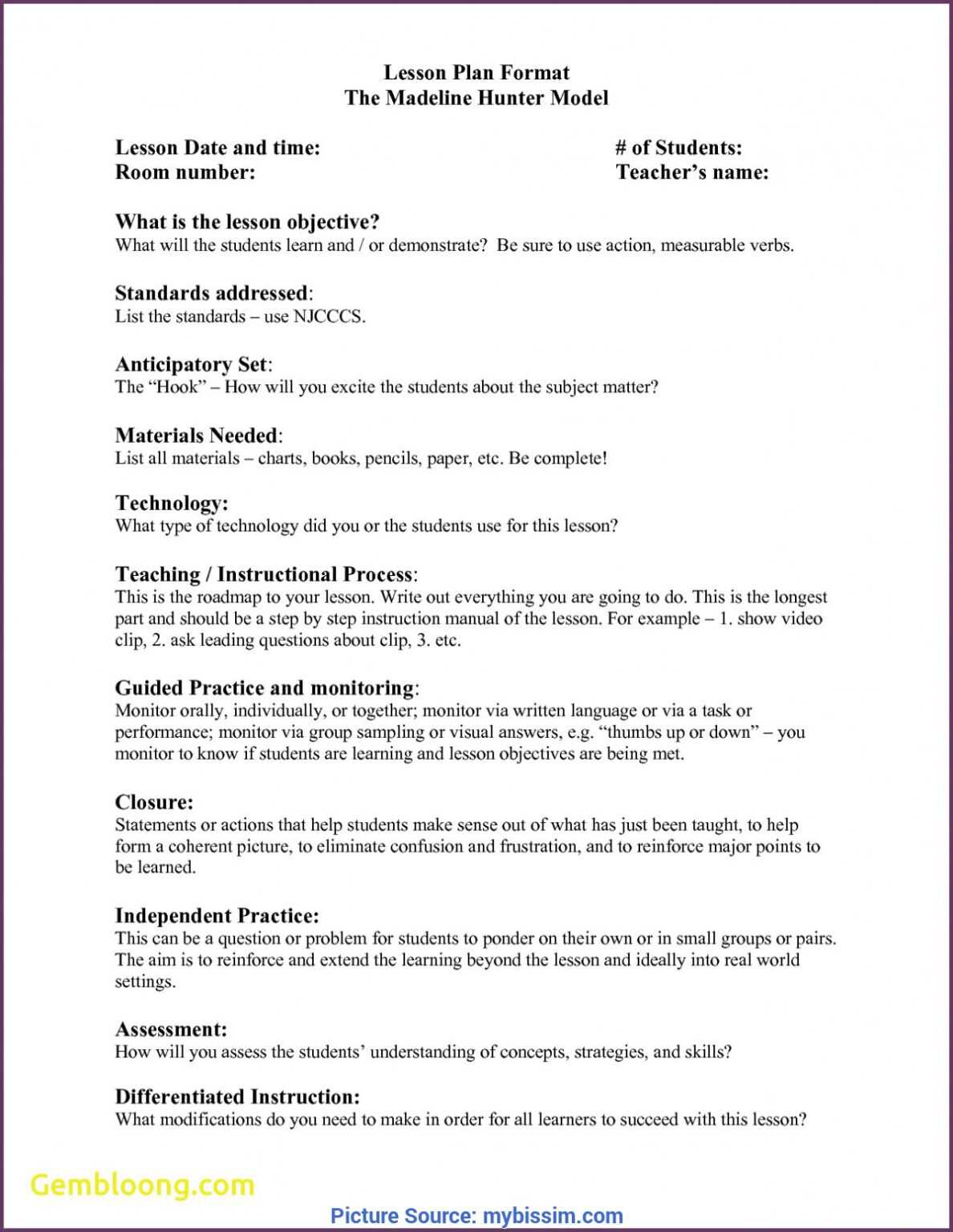 Regular Madeline Hunter Lesson Plan Format Example Elegant 5 within
