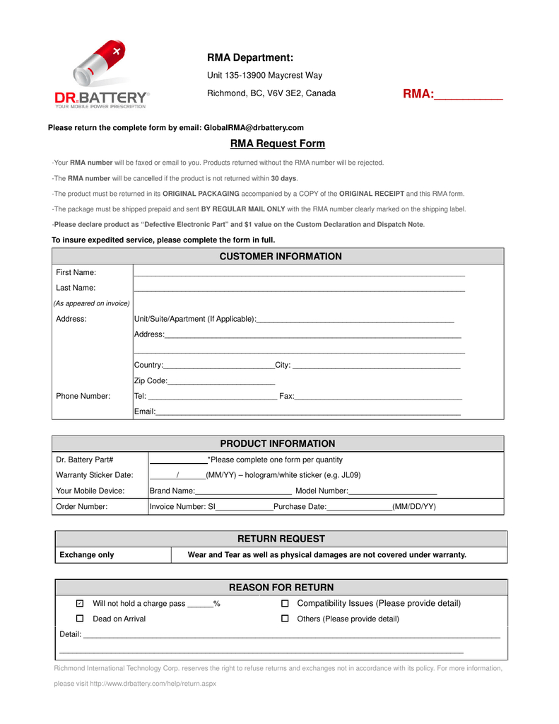 Rma Department: Rma:       Rma Request Form Intended For Rma Report Template