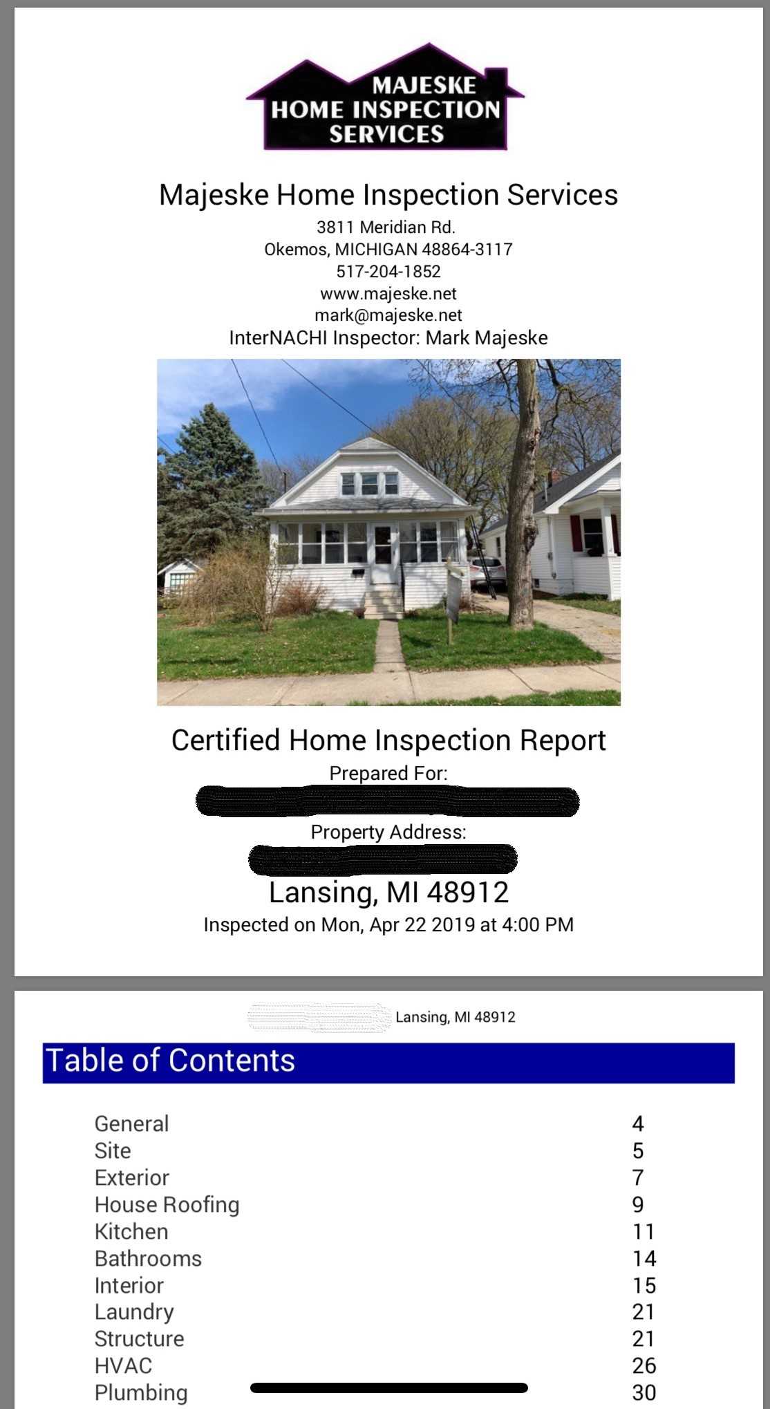 Sample Inspection Report, Lansing, Mi Throughout Home Inspection Report Template Pdf