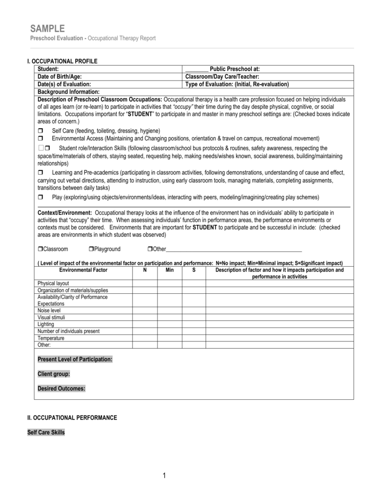 Sample/template For Occupational Therapy Preschool Evaluation Throughout Template For Evaluation Report