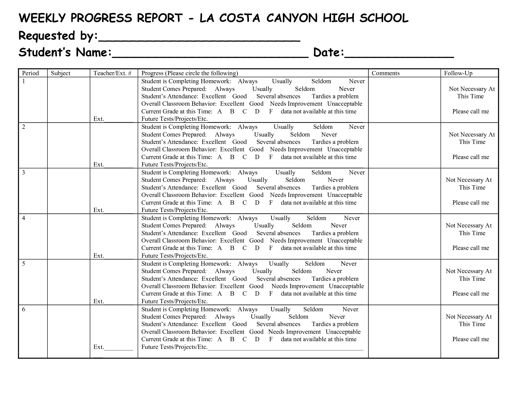 School Weekly Progress Report Template | Chainimage Pertaining To High School Progress Report Template
