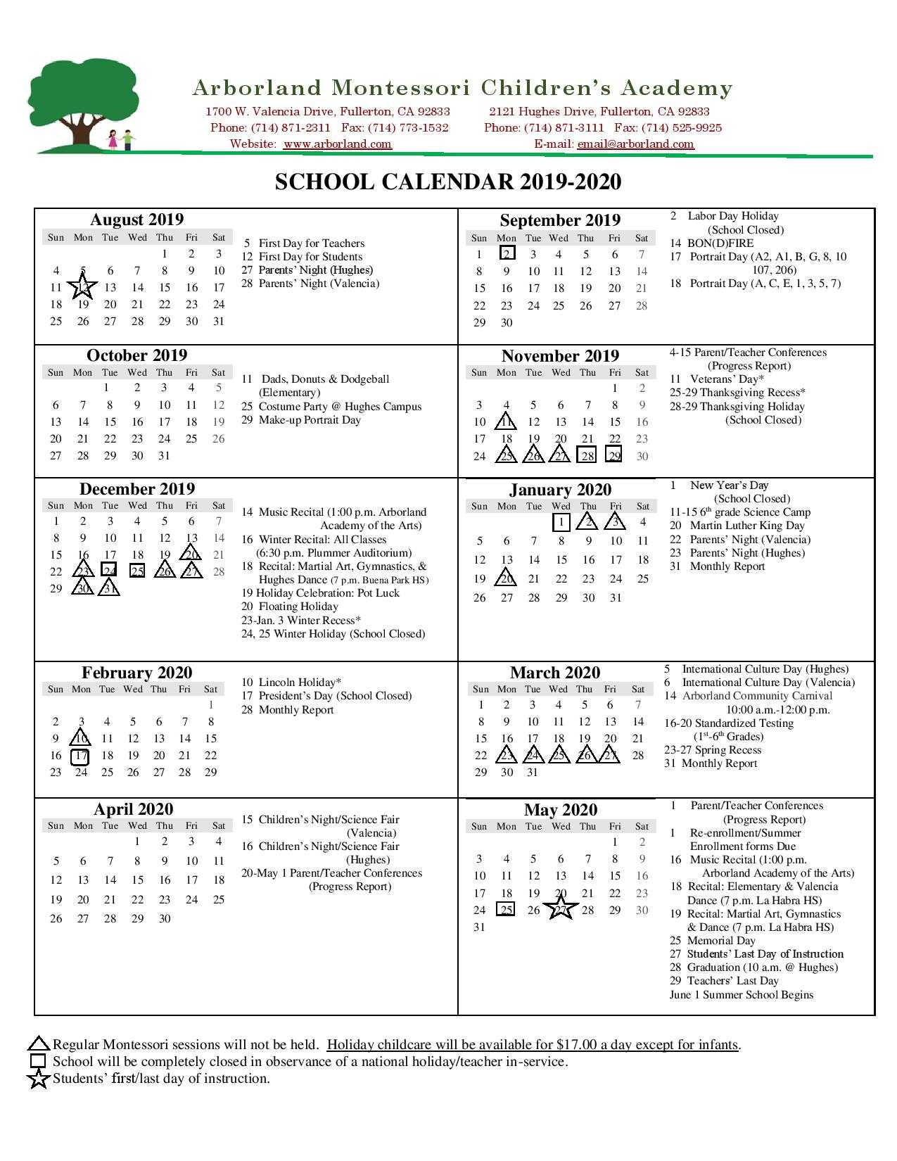 School Year Calendar – Montessori School, Kindergarten Within Summer School Progress Report Template