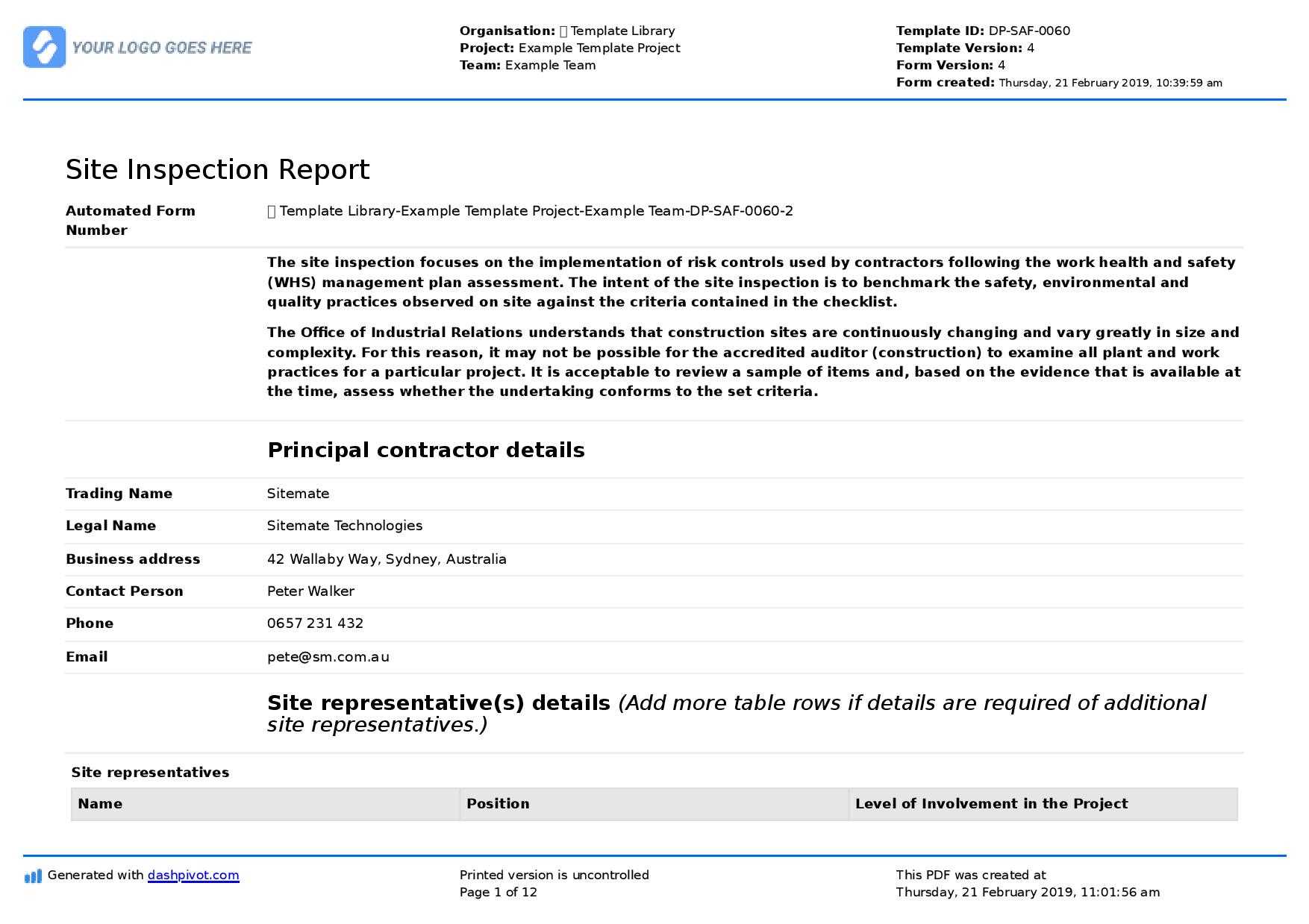 Site Inspection Report: Free Template, Sample And A Proven In Improvement Report Template