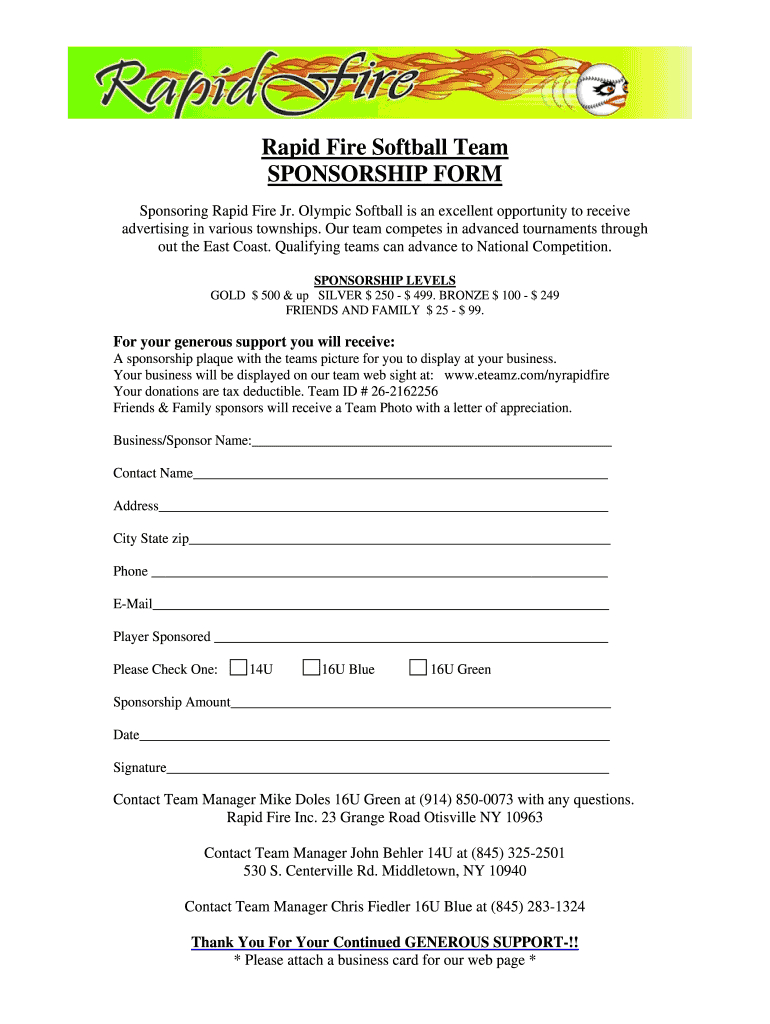 Softball Sponsorship Form – Fill Online, Printable, Fillable Intended For Blank Sponsorship Form Template