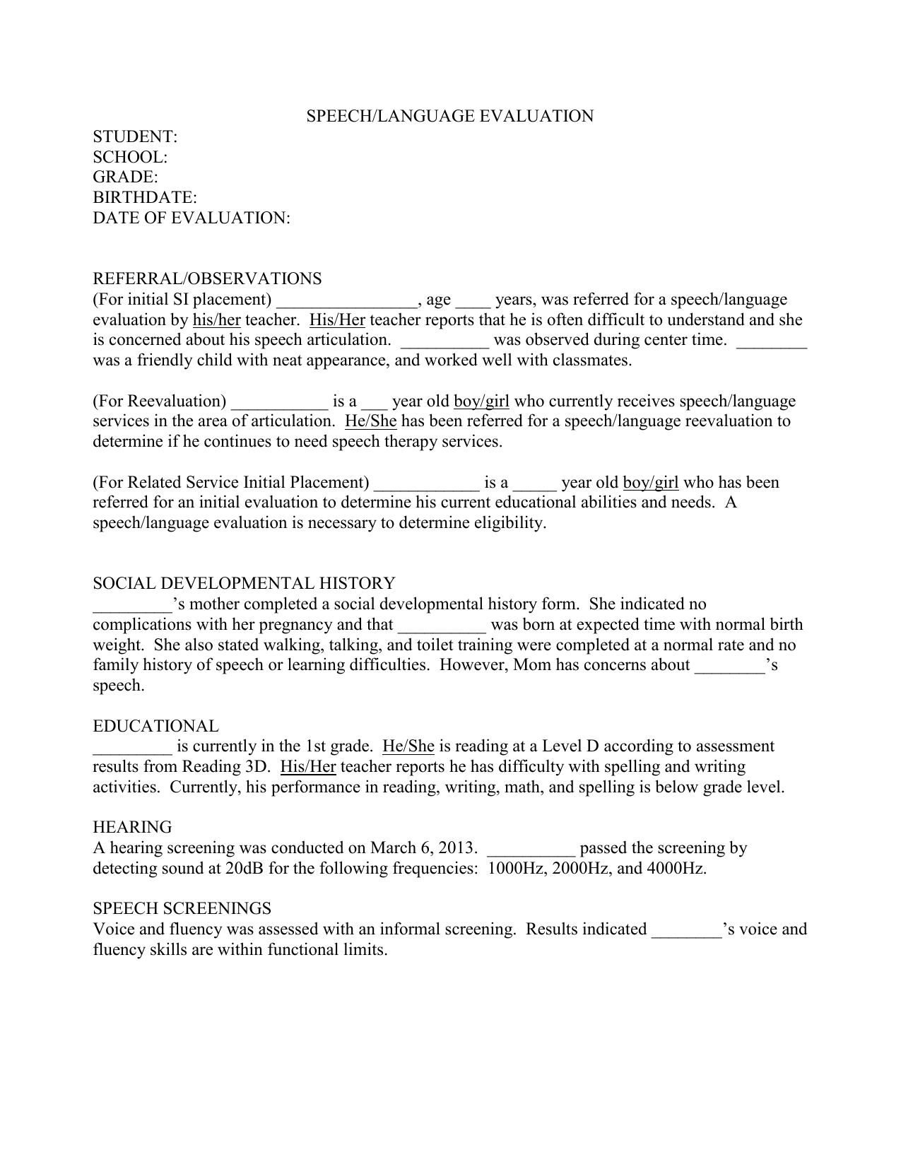 Speech Evaluation Report Template 21 For Speech And Language Report Template