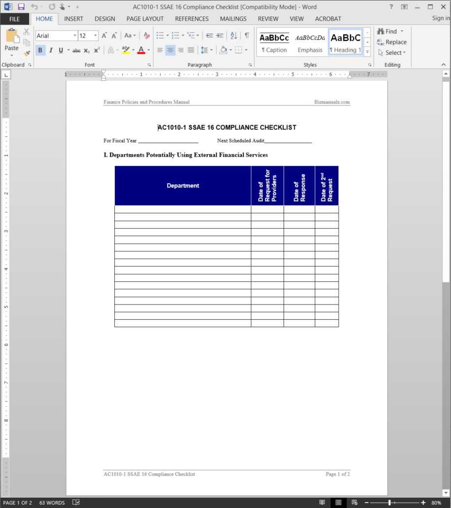 Ssae 16 Compliance Checklist Template | Ac1010 1 Within Ssae 16 Report Template