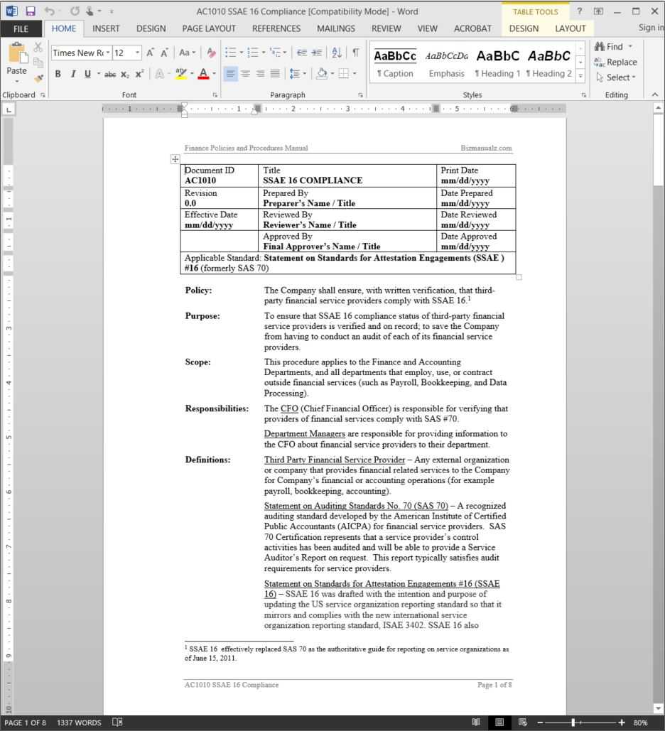 Ssae 16 Compliance Procedure | Ac1010 Intended For Ssae 16 Report Template