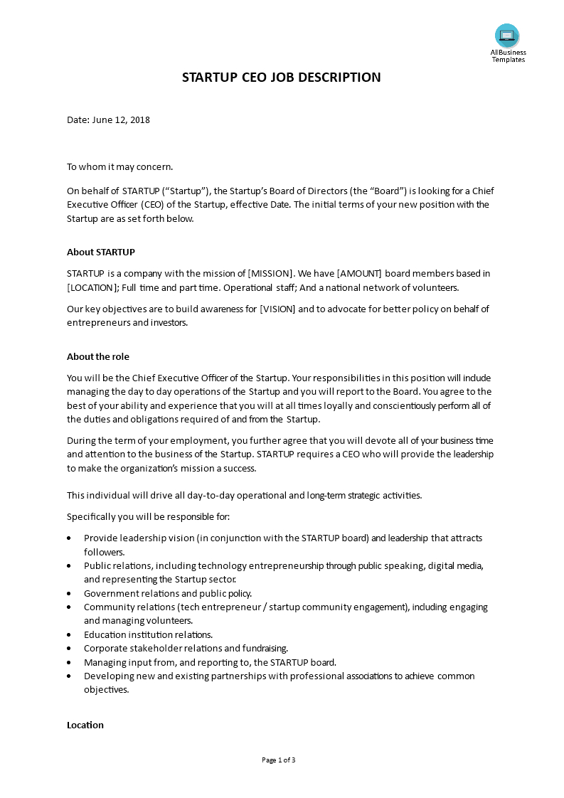 Startup Ceo Job Description | Templates At Throughout Ceo Report To Board Of Directors Template