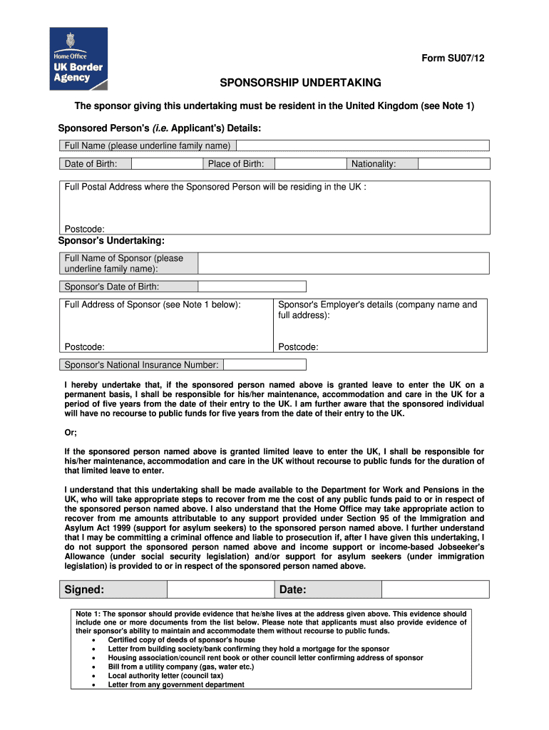 Su07 12 Sponsorship Undertaking Form – Fill Online Within Blank Sponsorship Form Template