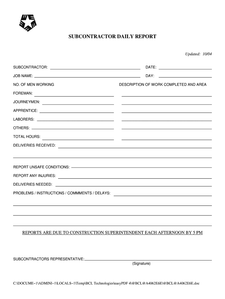 Subcontractor Daily Report – Fill Online, Printable In Superintendent Daily Report Template