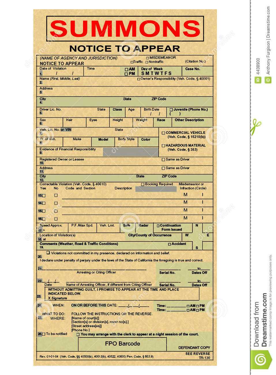 Summons Ticket To Court Stock Photo. Image Of Order Within Blank Speeding Ticket Template