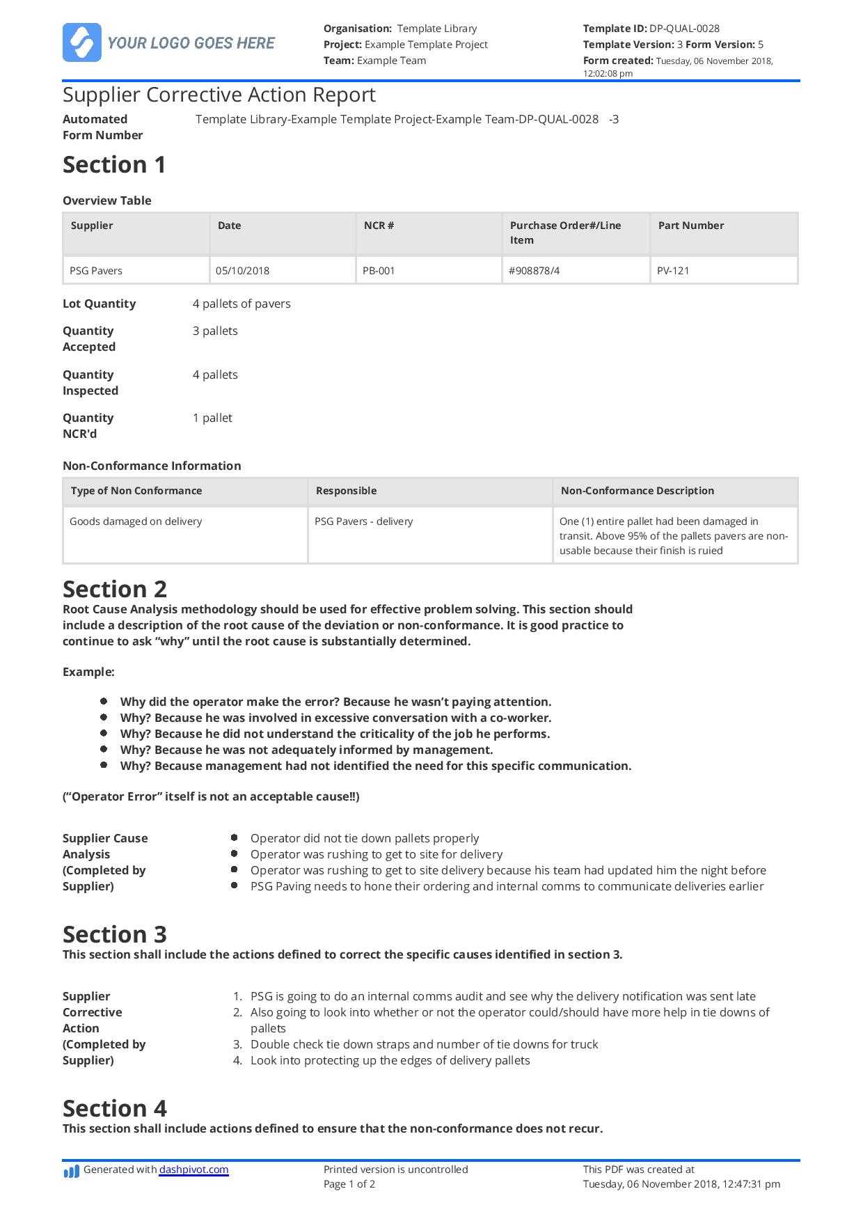 Supplier Corrective Action Report Template: Improve Your For Corrective Action Report Template