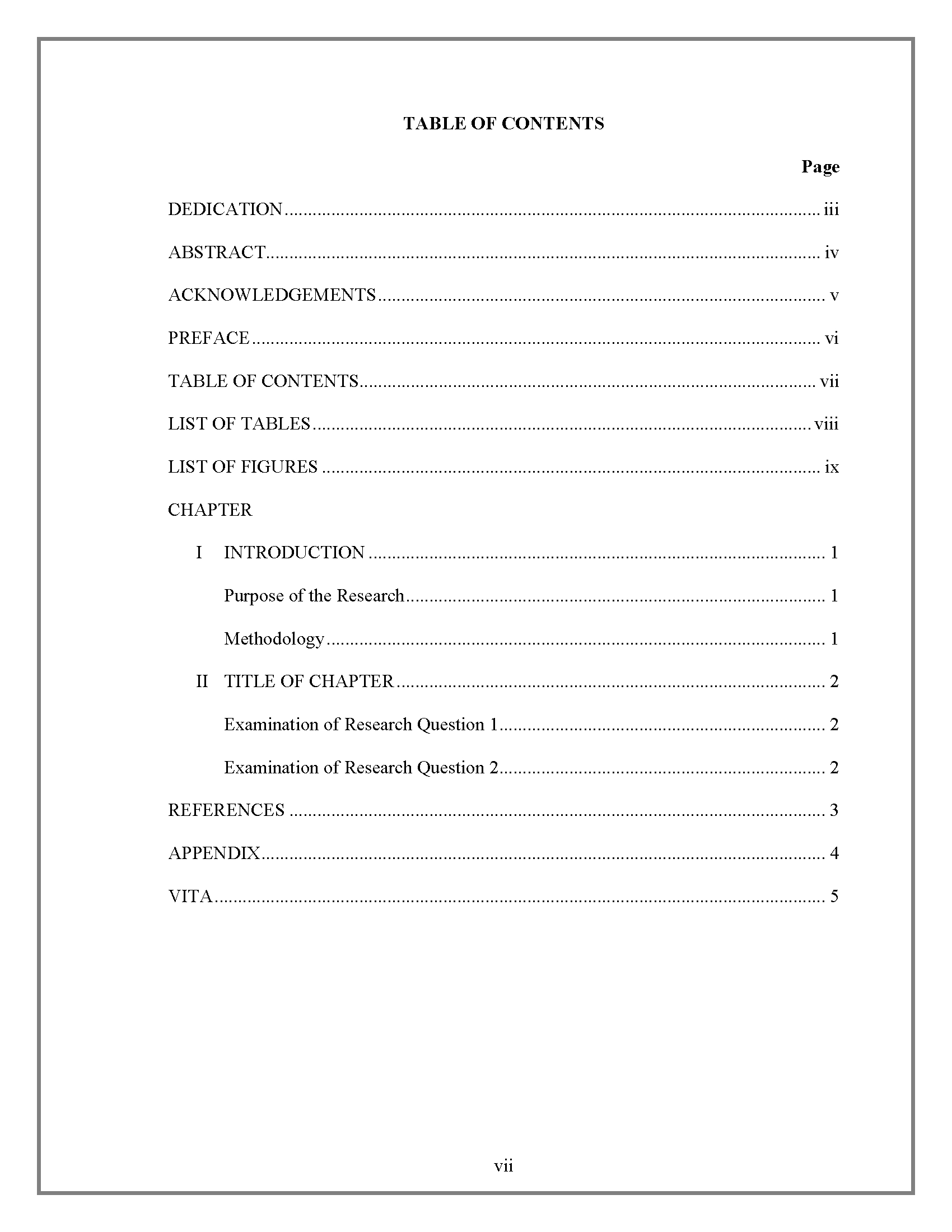 Table Of Contents – Thesis And Dissertation – Research Throughout Report Content Page Template