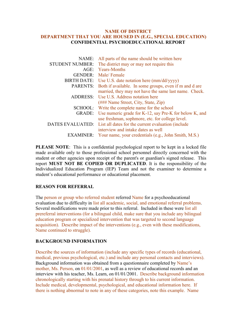 Template For A Bilingual Psychoeducational Report Intended For Psychoeducational Report Template