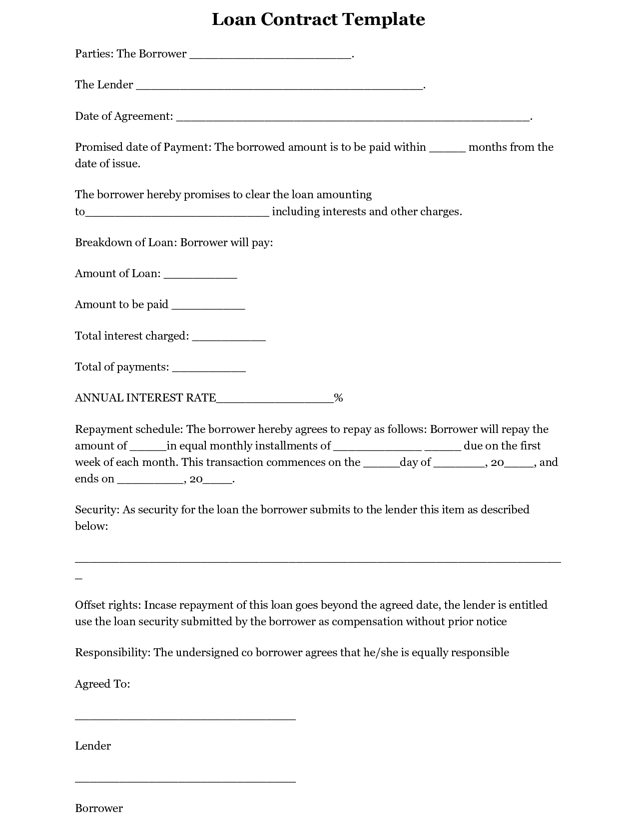 Terrific Blank Loan Contract Or Agreement Template Sample Pertaining To Blank Loan Agreement Template