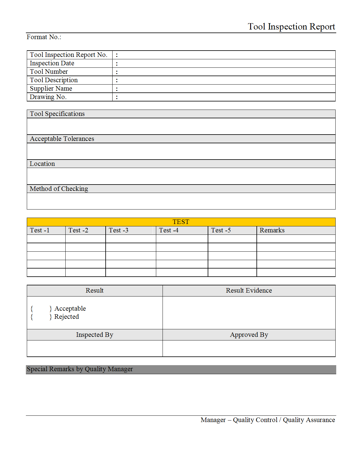 Tool Inspection Report – With Regard To Engineering Inspection Report Template