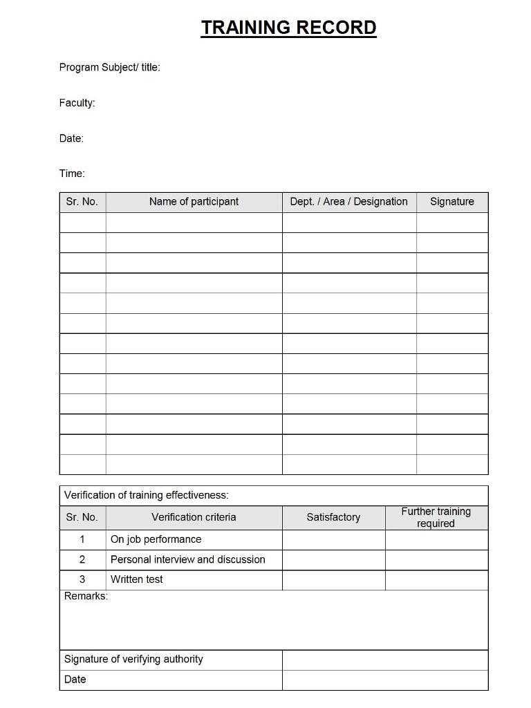 Training Record Format – Within Training Evaluation Report Template