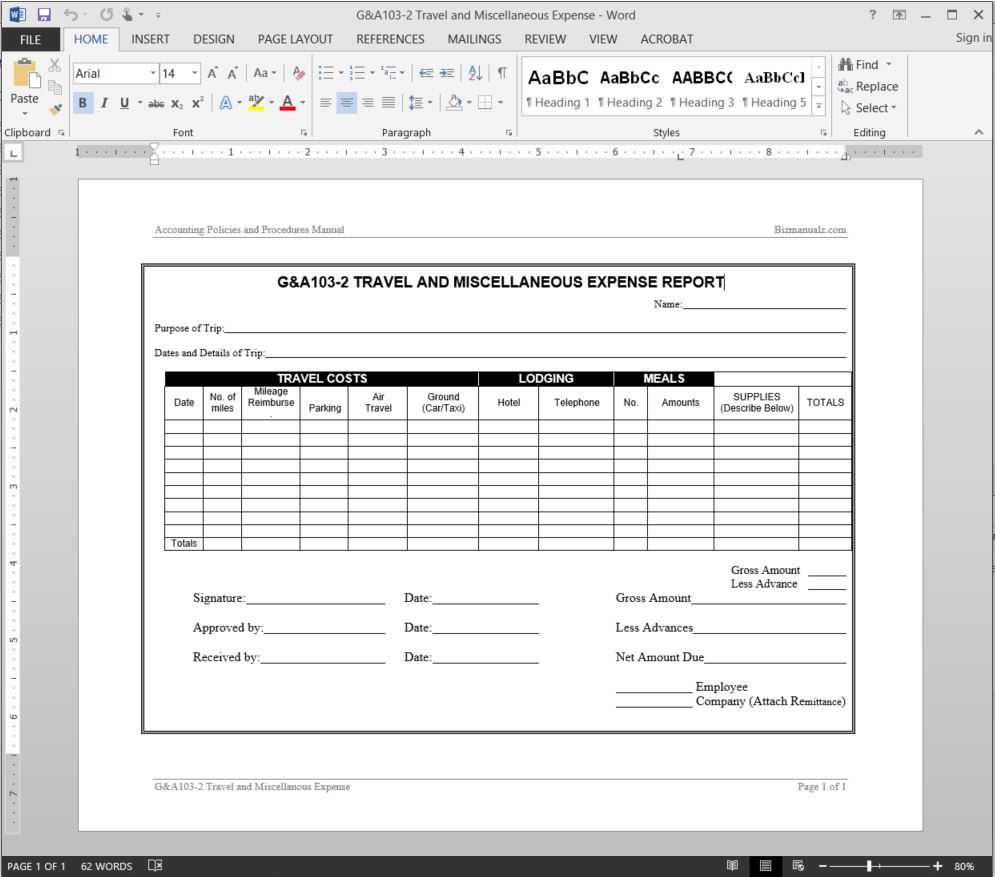Travel Miscellaneous Expense Report Template | G&a103 2 Within Company Expense Report Template
