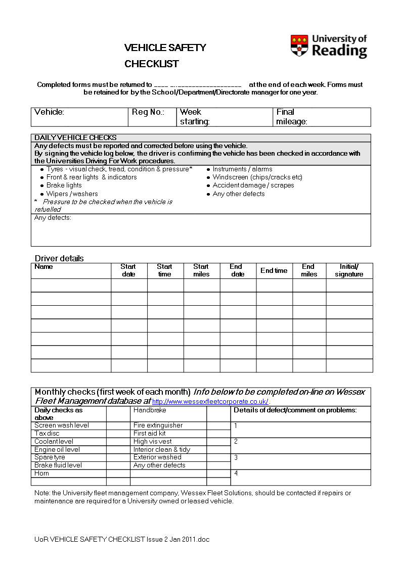 Vehicle Safety Checklist Word | Templates At For Vehicle Checklist Template Word