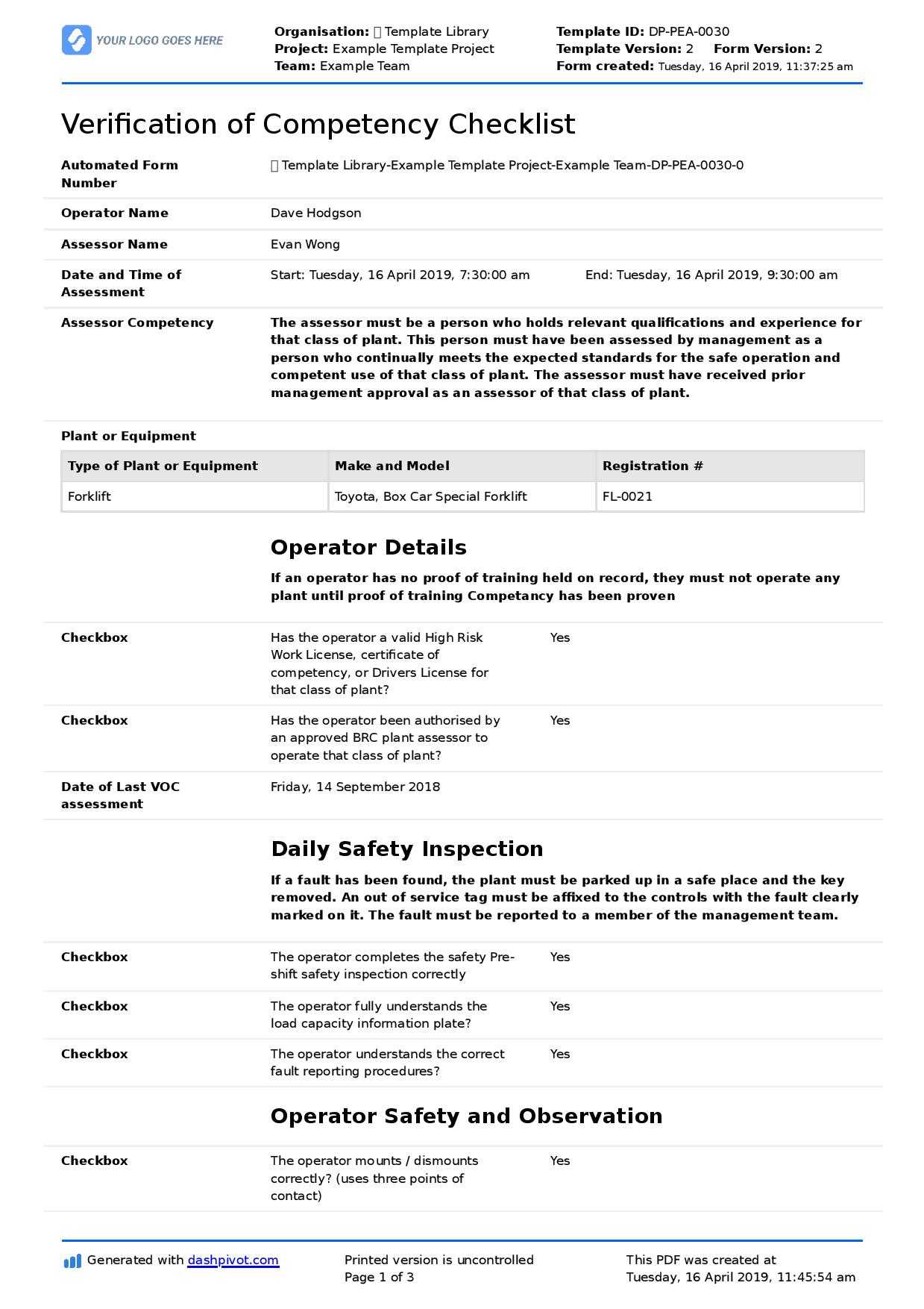 Verification Of Competency Template (Free And Editable Voc Form) With Equipment Fault Report Template