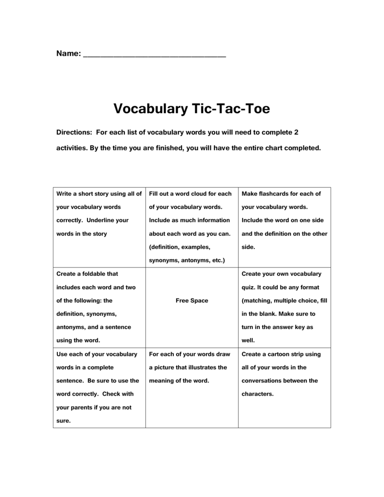 Vocabulary Tic Tac Toe With Tic Tac Toe Template Word