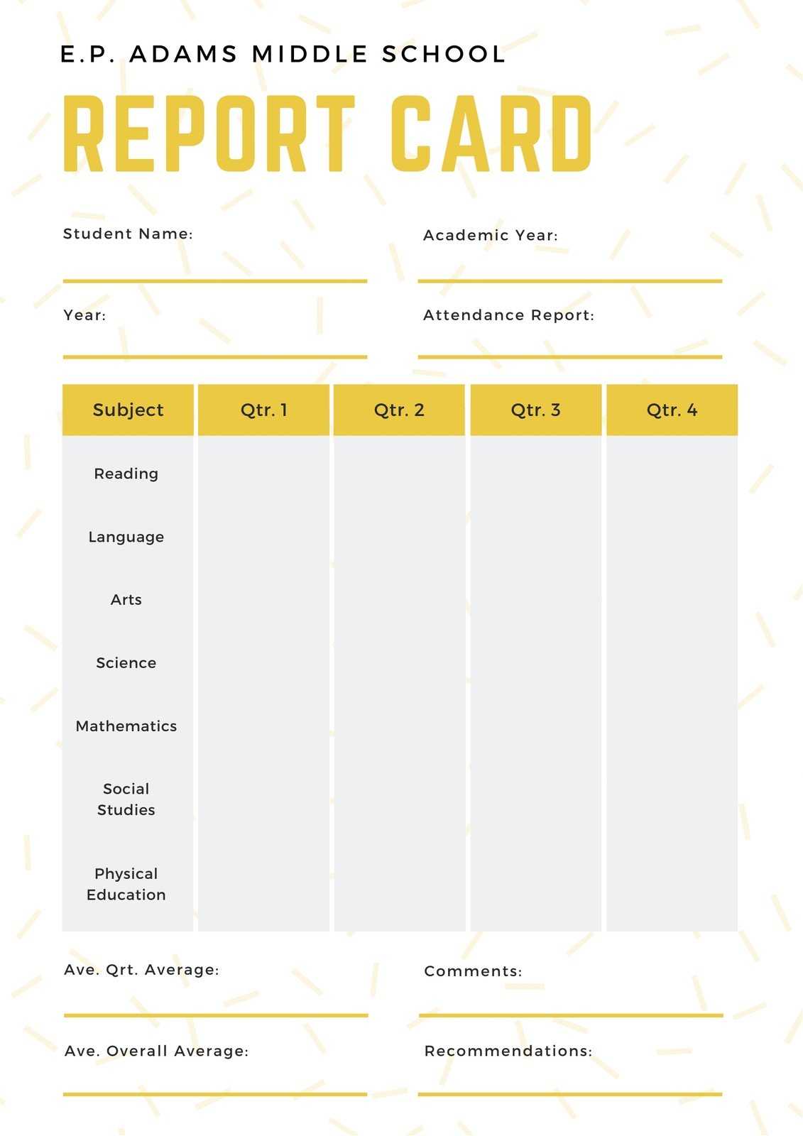 White And Yellow Simple Sprinkled Middle School Report Card Inside Middle School Report Card Template
