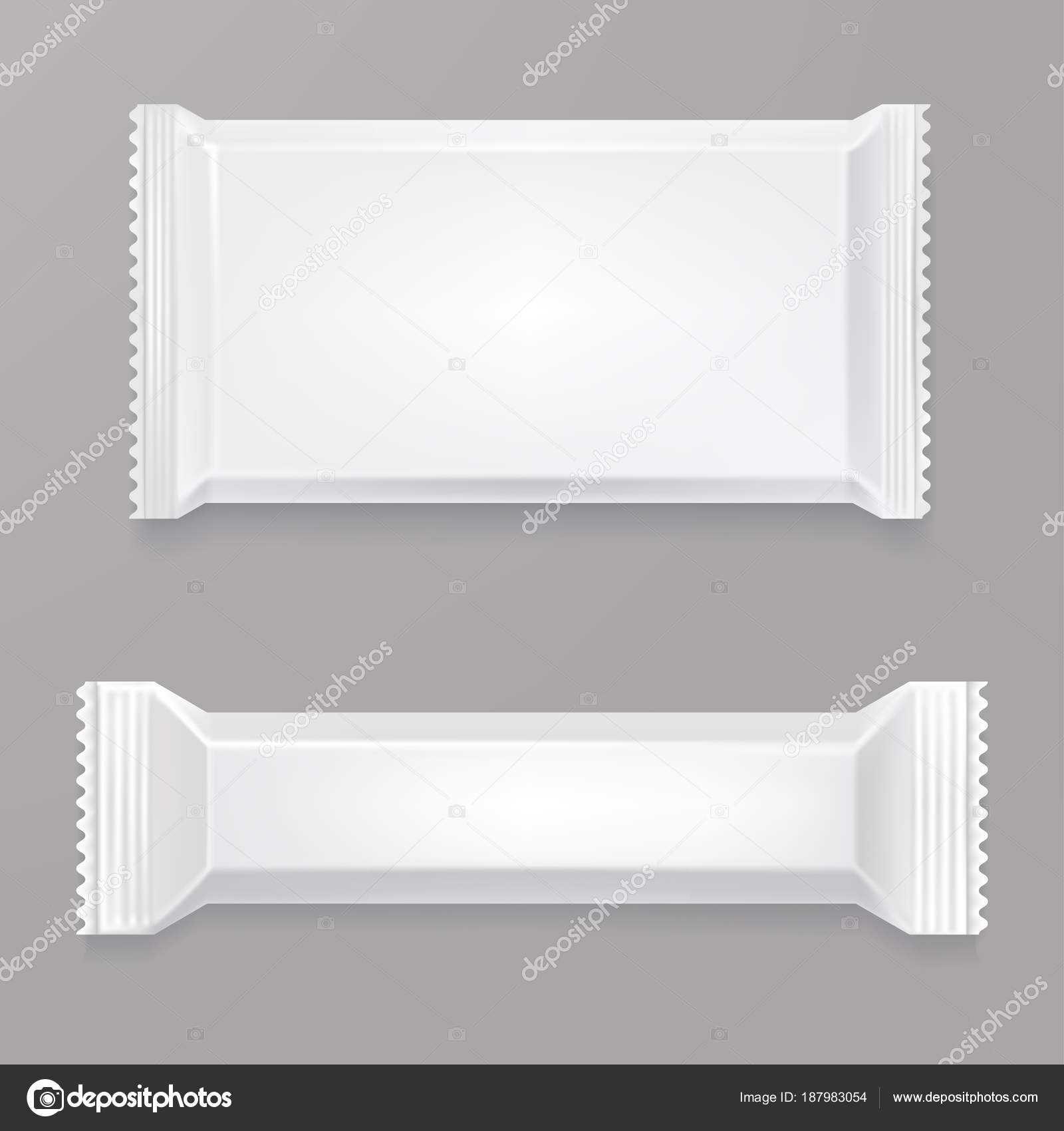 White Blank Chocolate Bar Mockup. White Polyethylene Package With Blank Candy Bar Wrapper Template